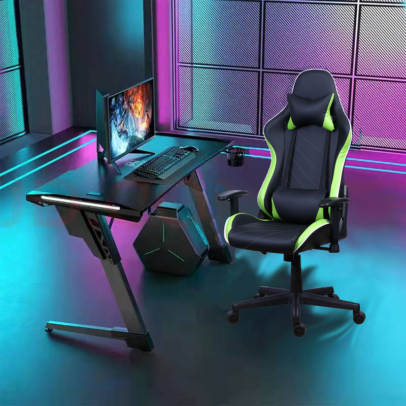 Silla de juegos reclinable de cuero de PU Castors con barra de luz LED Silla de juegos de carreras RGB
