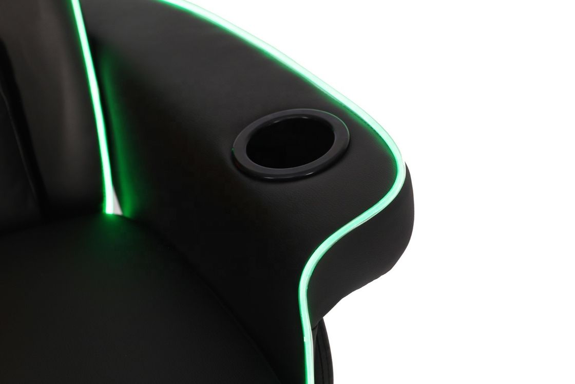 Sofá de juegos de lujo negro / azul de estilo de carreras con soporte de taza iluminación LED y reposapiés