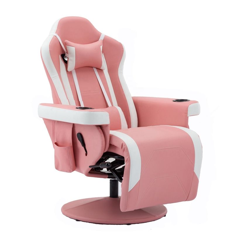 Silla de juegos con soporte de taza rosa estilo de carreras de cuero asiento ergonómico Sofá giratorio para el hogar