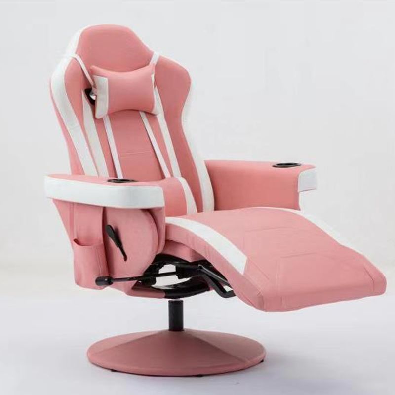 Silla de juegos con soporte de taza rosa estilo de carreras de cuero asiento ergonómico Sofá giratorio para el hogar
